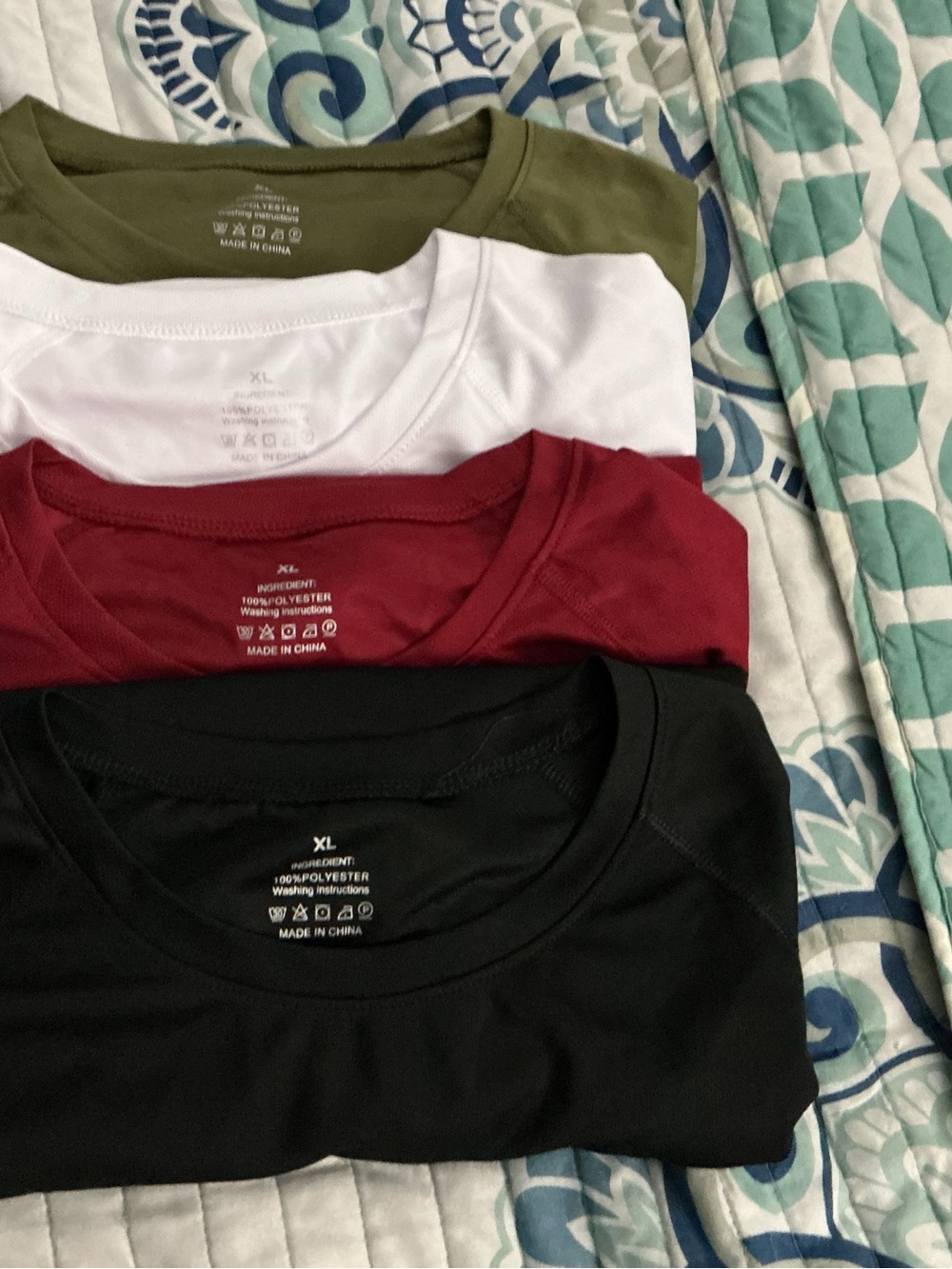 Four-Pack Crew Neck Dry Fit Performance Tees in Olive, White, Burgundy & Black